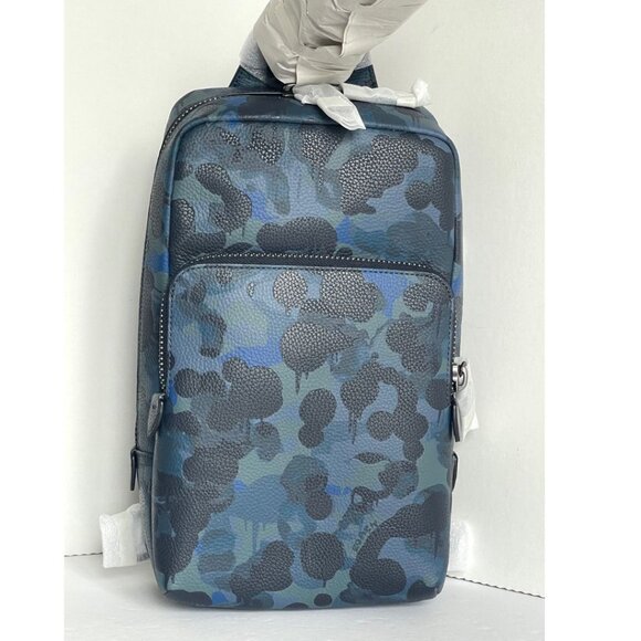 Coach Gotham Pack Sling Camo Mens Blue Leather Small Backpack Crossbody C5334 - Picture 1 of 13